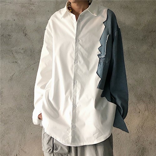 Men Patchwork Shirt Splice Top Blouse Oversize Hip Hop Tee Button Up Loose White - Picture 5 of 11