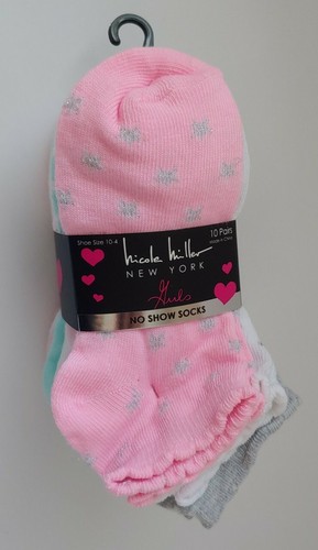 Nicole Miller 10 Pairs No Show Girls Socks Size 10-4 Pink, White, Turquoise Gift - Picture 1 of 5