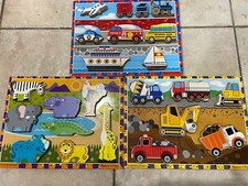 Lot of 3 Melissa  Doug Wooden Chunky Puzzle Safari, Vehicles, Construction