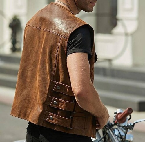 New Men's Faux Leather Vest Sleeveless Round Neck Jacket Short PU coat Zipper - Picture 8 of 13
