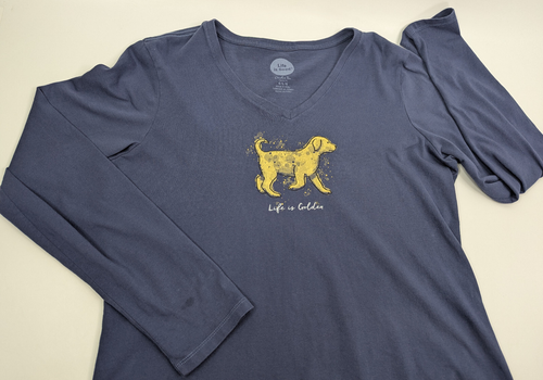 LIFE IS GOOD Crusher L/S Tee Women L Blue Life Is Golden Retriever Dog V-Neck