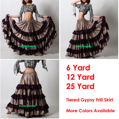 Golden /& Deep Pink Satin 25 Yard Tiered Gypsy Skirt Belly Dance Ruffle Flamenco