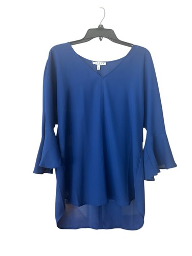Chaus New York V-Neck Blue Sheer Blouse Top NWT Women’s Size L, 3/4 Bell Sleeves