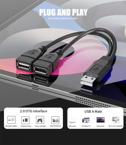 2 Pack USB Male to Dual Female Y Splitter Hub Power Cord Extension Adapter Cable - Picture 3 of 6