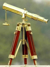 Brass Nautical Polish Finish Desk Marine Telescope With Wooden Tripod Stand Gift