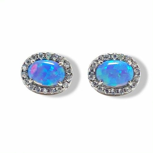 White gold finish Turquoise and created diamond Oval stud earrings  - Picture 3 of 4