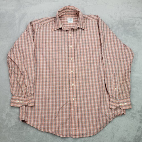 Brooks Brother Shirt Men Large Orange Plaid Dress Casual Button Up Oxford Adult