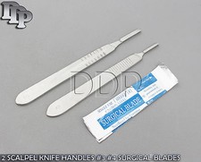 2 ASSORTED SCALPEL KNIFE HANDLES #3 #4 +50 SURGICAL CARBON STEEL BLADES #15 #23