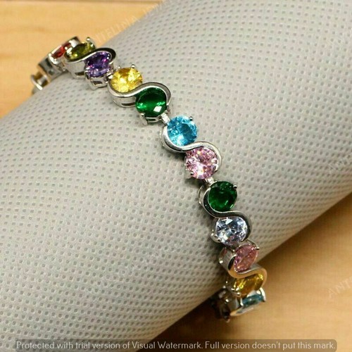 Bracciale Tennis Donna 7,50CT Simulato Multicolore S-Link Finitura Oro Bianco 14K - Foto 3 di 11