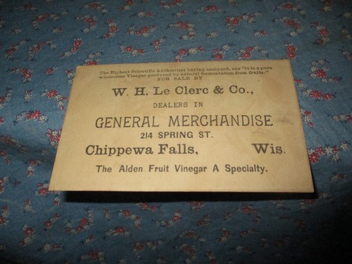 Trade Card The Alden Fruit Vinegar W H Le Clerc & Co Chippewa Falls Wis Gen Mer - Picture 2 of 2