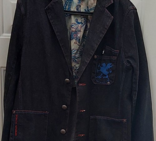 STACY ADAMS LOGO ON POCKET MEN'S BLACK COTTON DENIM BLAZER JACKET SIZE L - Picture 8 of 14