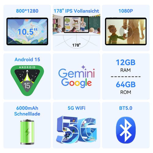 TABWEE T80 WiFi Tablet 10.1 Zoll Andriod 15 12GB+64GB/2TB 6000mAh Gemini AI GPS - Bild 2 von 8