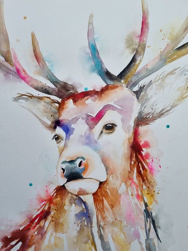 Original watercolour painting signed by Elle Smith Art of A Stag large A2 size - Picture 6 of 11