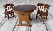 Vintage Doll's Dollhouse Furniture Wooden Round Tilt-Top Table Two Chairs