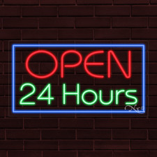 NEW "OPEN 24 HOURS" w/BORDER 33x18x1 INCH LED FLEX WINDOW/WALL INDOOR SIGN 30416