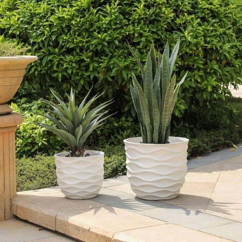 Luxenhome Plant Pots 2-Pack Waves Design Mgo Composite Decorative Round White - Picture 2 of 7