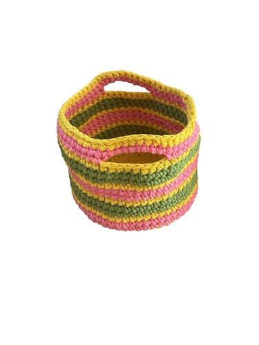 Crochet Easter Basket Handmade Pink, Yellow, Green Soft Washable With Handles - Picture 3 of 5