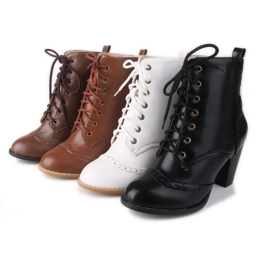 Womens Ladies Lace Up Retro style Block Mid Heel Ankle Boots Casual Oxford Shoes - Picture 1 of 21