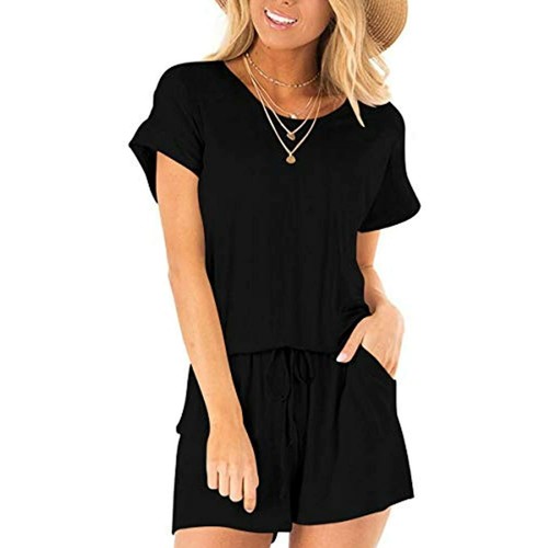 Margrine Women's Short Sleeve Jumpsuit Crew Neck Elastic Waist, Pockets, Black L - Picture 6 of 8