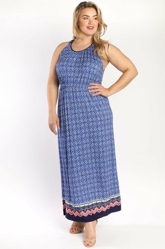 Skies Are Blue Geometric Blue Printed Tie Back Dress Plus 3X - Picture 2 of 5