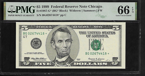 US 5 $ 1999 PMG 66 EPQ UNC Fr #1987-G* With Star FRN Chicago Withrow/Summers/FW