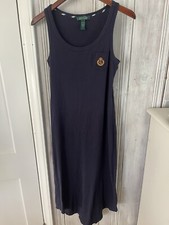 RALPH LAUREN navy cotton pull on midi dress RL crest sz S old money preppy
