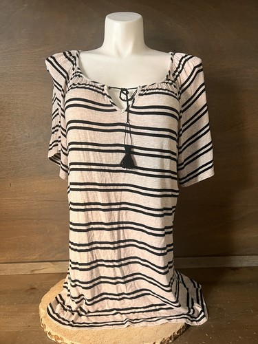 Cha Cha Vente Striped Top Size 1X PLUS BEIGE BLACK SHORT FULL SLEEVES RAYON BLEN