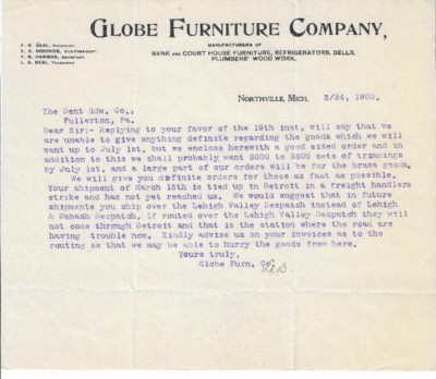 1900 Letter, Globe Furniture Company, Northville, Michigan, To: Dent Hardware