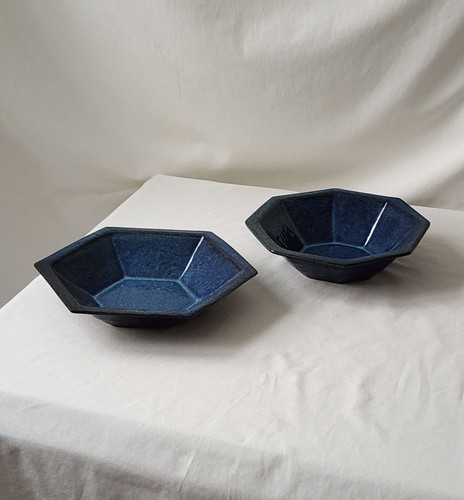 VTG Handmade Redware Pottery Octagon Hexagon Ceramic Bowls x2 Blue Glaze Signed - Picture 12 of 17