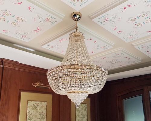 1241 LAMPADARIO IN STILE IMPERO IN METALLO ORO O CROMO E CRISTALLI 12 LUCI - Imagen 2 de 4