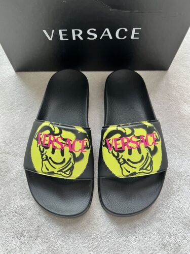 Versace Medusa Smiley Face Black Yellow Pool Slides Sandals 37