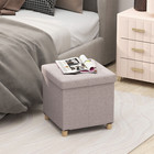 Linen Fabric Ottoman Footstool with Storage, Tray & Rubber Wood Legs