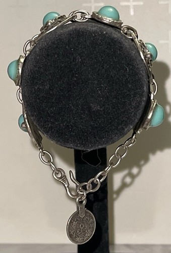 Vintage Silver Tone Blue Cabochons Chain Bracelet Jewelry Bon6-18 - Picture 13 of 15