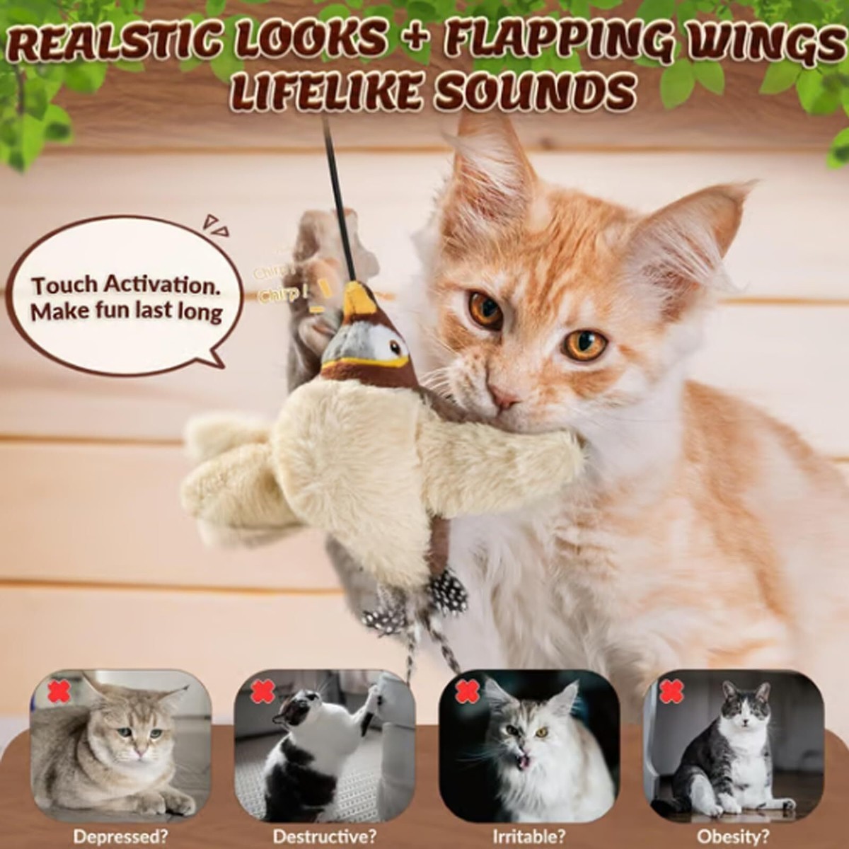 Tyasoleil Zwitschernder Vogel Katzenspielzeug – Mit Beweglichen Flügeln & Vogelgeräuschen, Interaktiv Für Indoor-Spaß