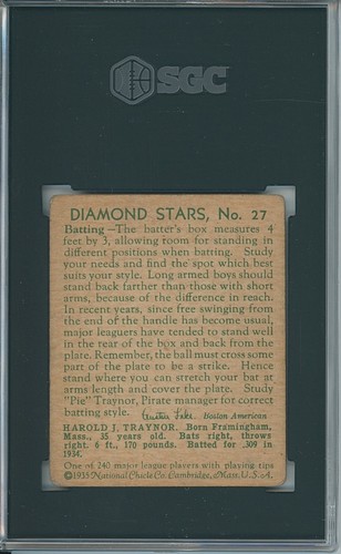 1934-36 Diamond Stars #27 PIE TRAYNOR - SGC 1 HOF - Pirates - Picture 2 of 2
