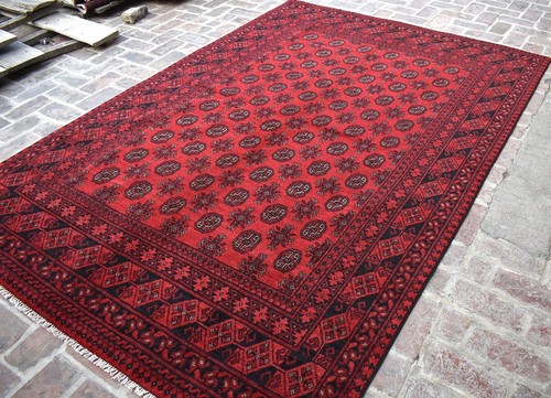 Red Geometric Turkmen Bokhara Area Rug 6x9 Hand Knotted Afghan Tribal Wool Rug - Picture 3 of 11