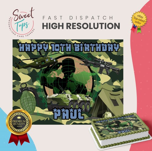 Armee Militär Personalisiert Rechteck Essbar Geburtstag Kuchen Topper Tortendekoration - Bild 1 von 8