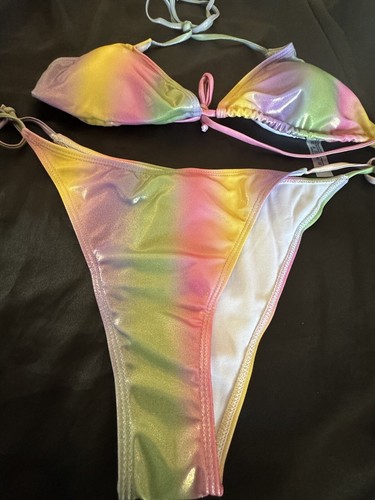 Rainbow Metallic Shimmer Triangle Halter Bikini swimsuit Tie Side Sz XL - Picture 7 of 8