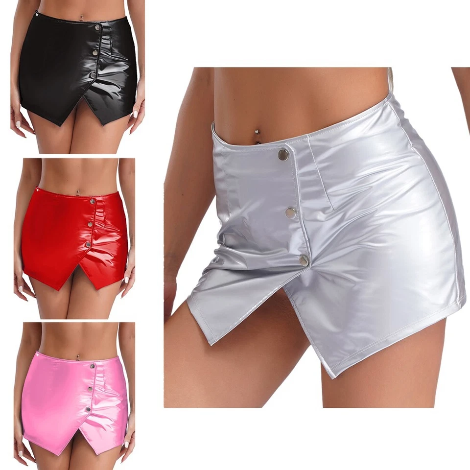 UK Women's Sexy Shiny Metallic Split Mini Skirt Low Waist Buttons Skirt Clubwear - Image 4 of 4