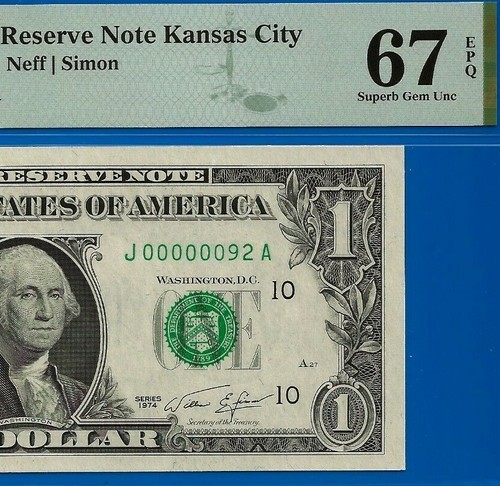 1974 $1 Federal Reserve Note PMG 67EPQ birthday fancy low serial number 00000092