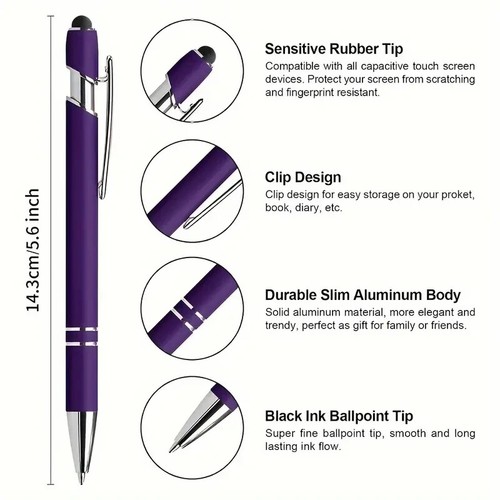 10 Pack Metal Retractable Ballpoint Pens with Touchscreen Stylus Purple - Picture 2 of 5
