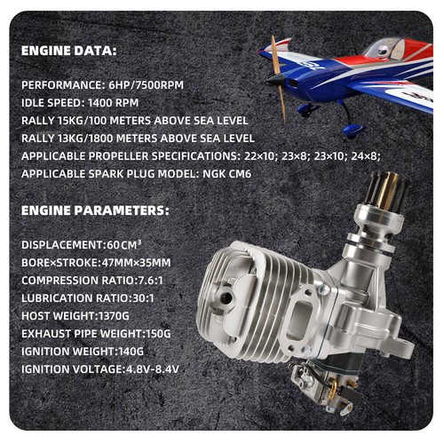 Motor de gas DLE 61CC Cilindro de dos tiempos Escape lateral con CDI y silenciador - Imagen 7 de 12