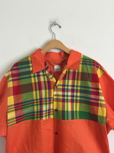 Camicia Mr. Mr. Neal TTBS-1060 arancione e a quadri manica corta con bottoni taglia XL vintage - Foto 3 di 5