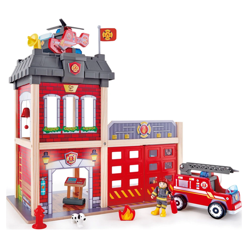 City Red Fire Station Dollhouse - 13 Pieces, Light & Sound, Gift for Kids, Ages