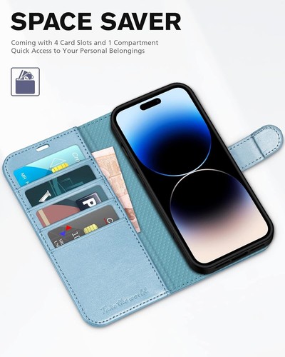 TUCCH Leather Wallet Case for iPhone 14 Pro 6.1, 4card holder - Shiny Light Blue - Photo 2 sur 6
