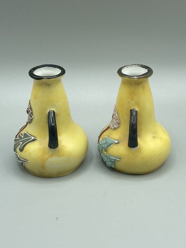 Vintage 3" mini-vase, set of 2 hand-painted, raised paint/Moriage, JAPAN 50s - Picture 2 of 10