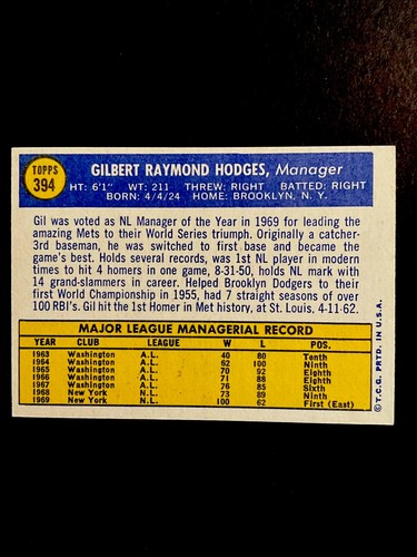 1970 Topps - Gil Hodges #394 - EX/NM - FREE SHIPPING - Bild 2 von 2