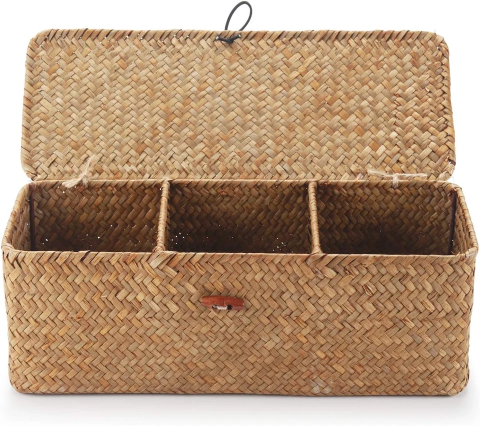 Cesta Portaoggetti Seagrass Con Coperchio Scatola Di Vimini Rettangolare Con Sco - Immagine 2 di 4