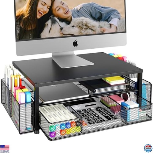 Elegante elevador de soporte para monitor negro de 2 niveles con cajón y soportes para bolígrafos dobles para oficina
