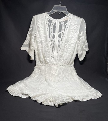 American Threads size L white Embroidered lace deep v neck romper Wedding Bridal